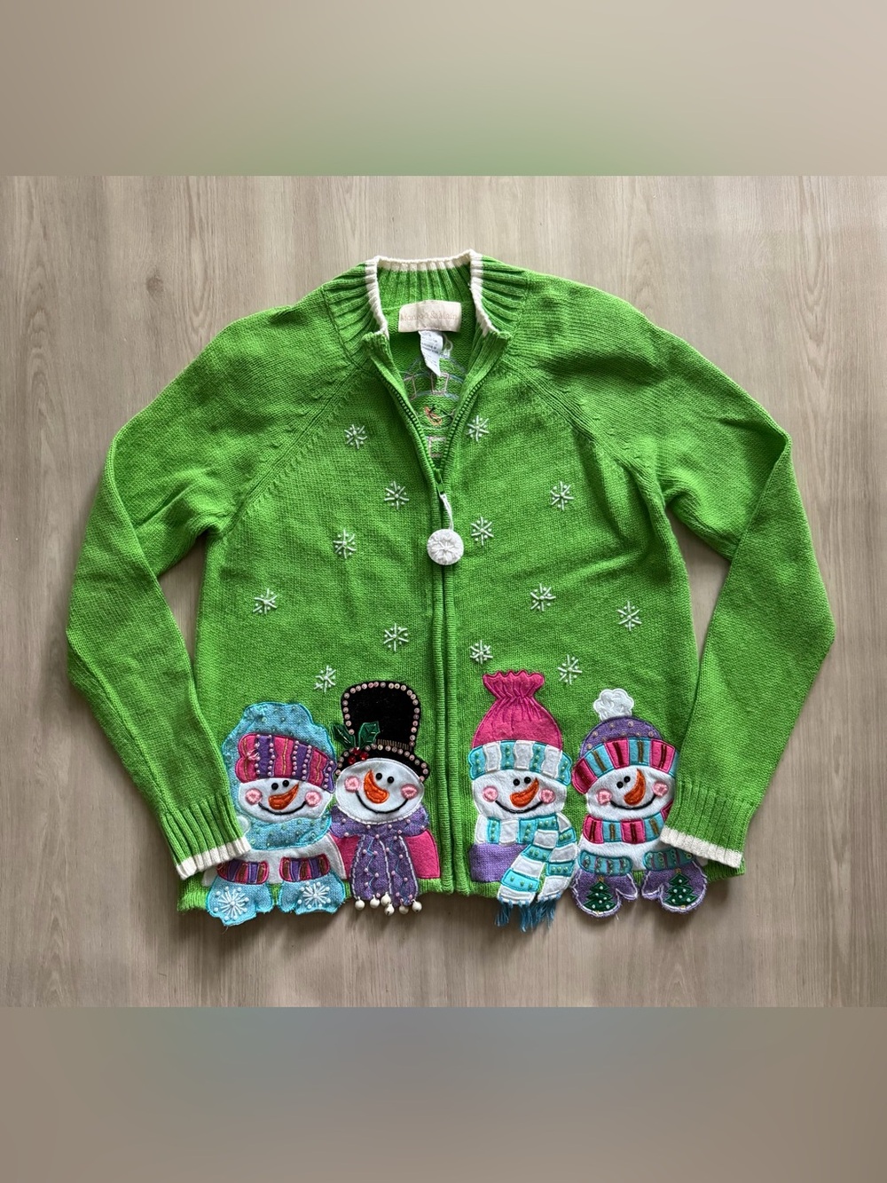 Vintage Tiara International Christmas Collection Snowman Sweater Cardigan Sz S